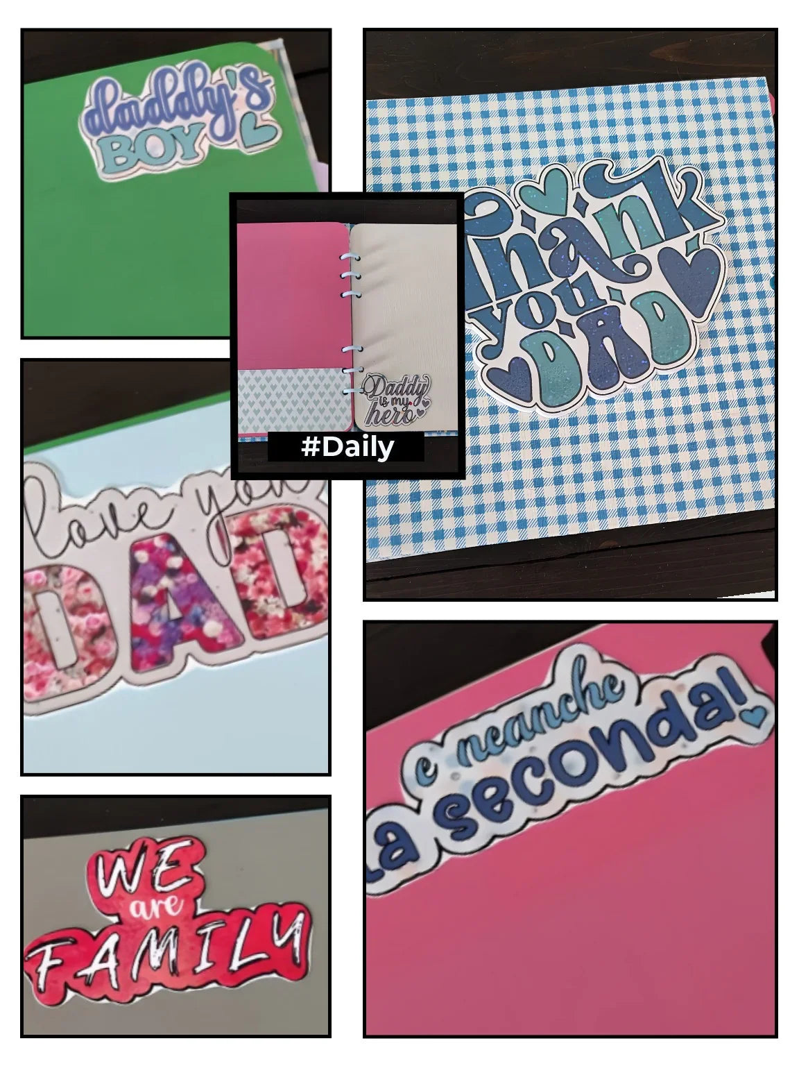 Scrapbook pages with colorful stickers, dad appreciation quotes, and family-themed designs.