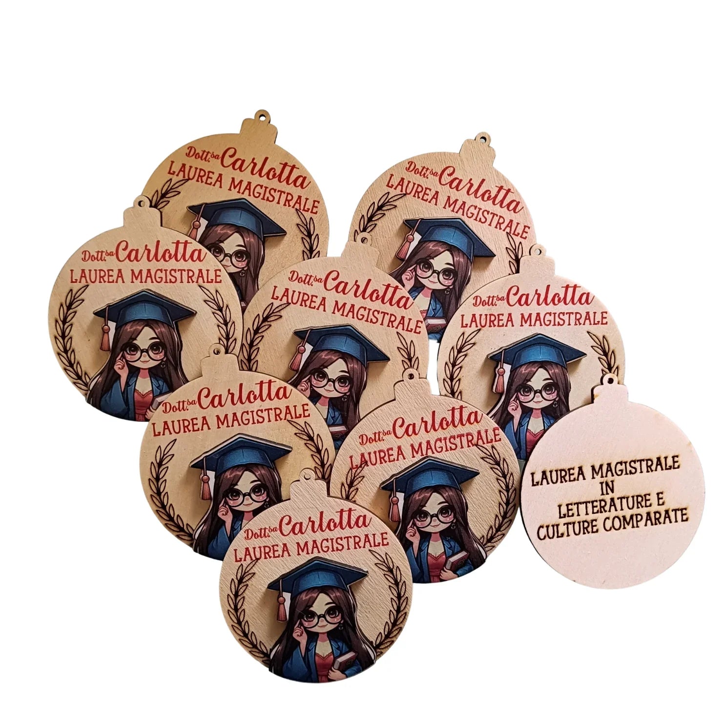Personalized wooden graduation ornaments with cartoon graduate and Laurea Magistrale text