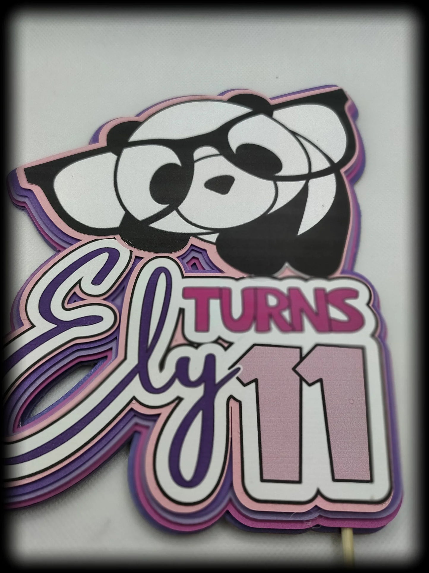 Panda-themed birthday sign with 'Ely turns 11' in pink and purple on white background.
