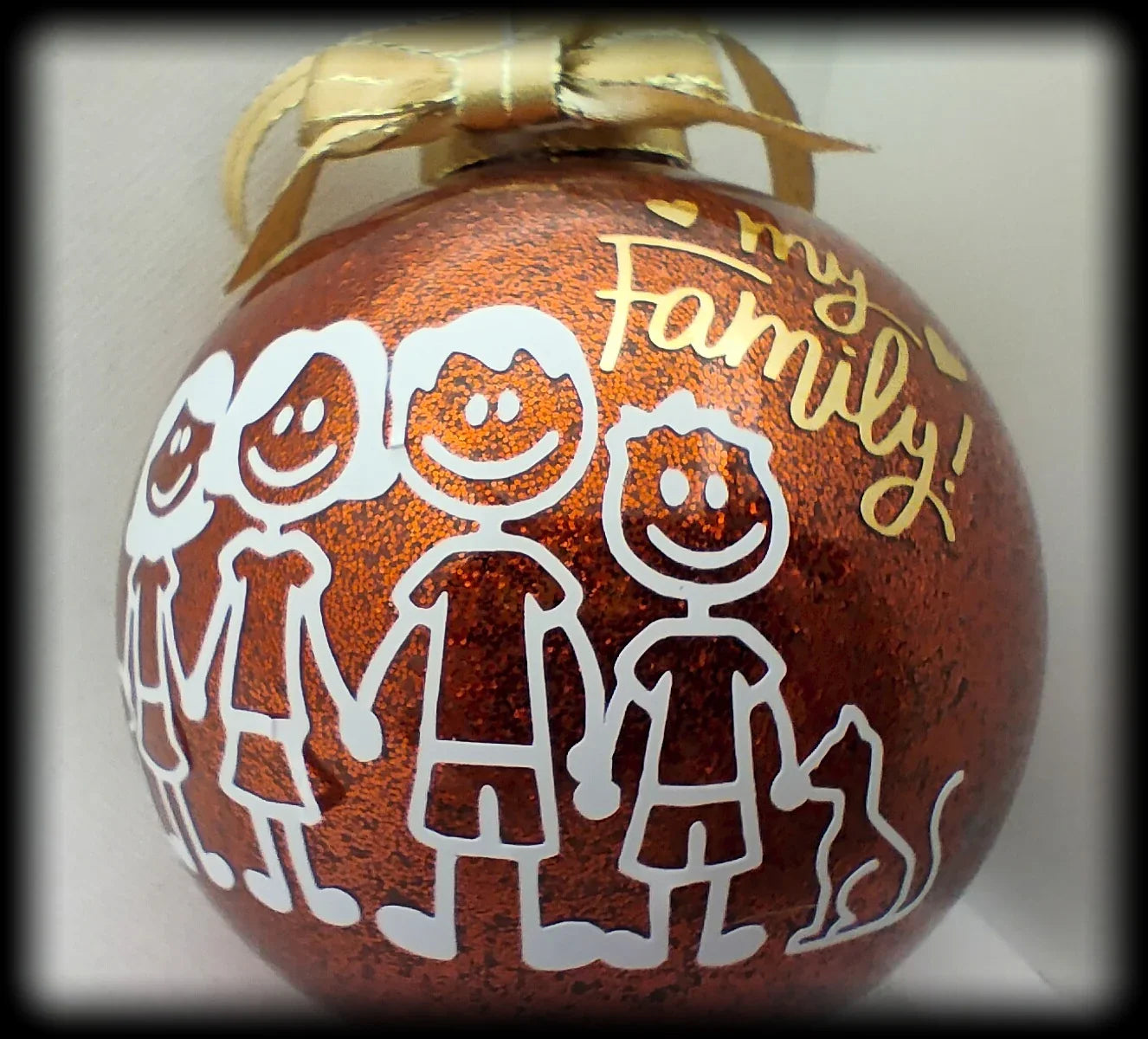 Personalized red glitter Christmas ornament with stick figure family and dog illustration