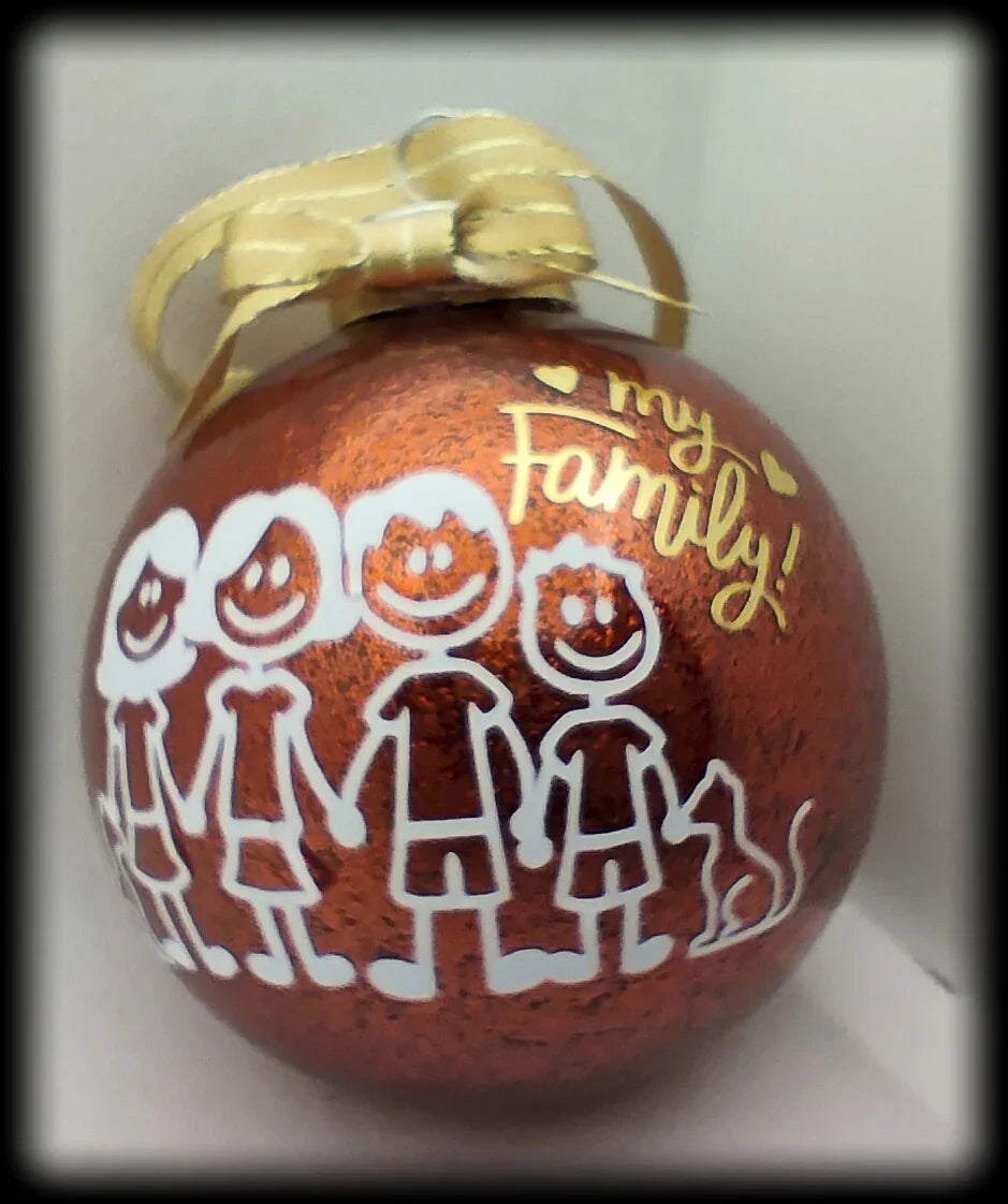 Red Christmas ornament with stick figure family, dog, 'my Family!' text, and gold ribbon