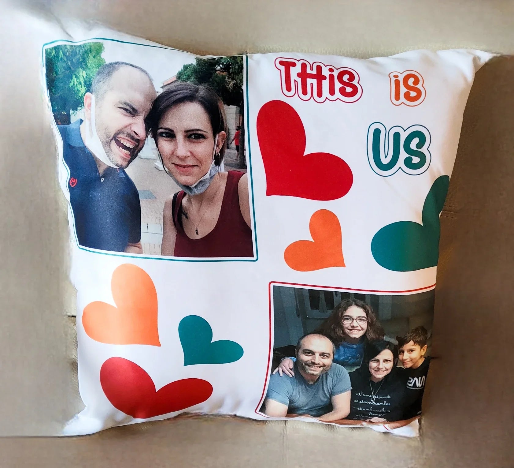 Custom photo pillow with family pictures, colorful hearts, and 'This is Us' text