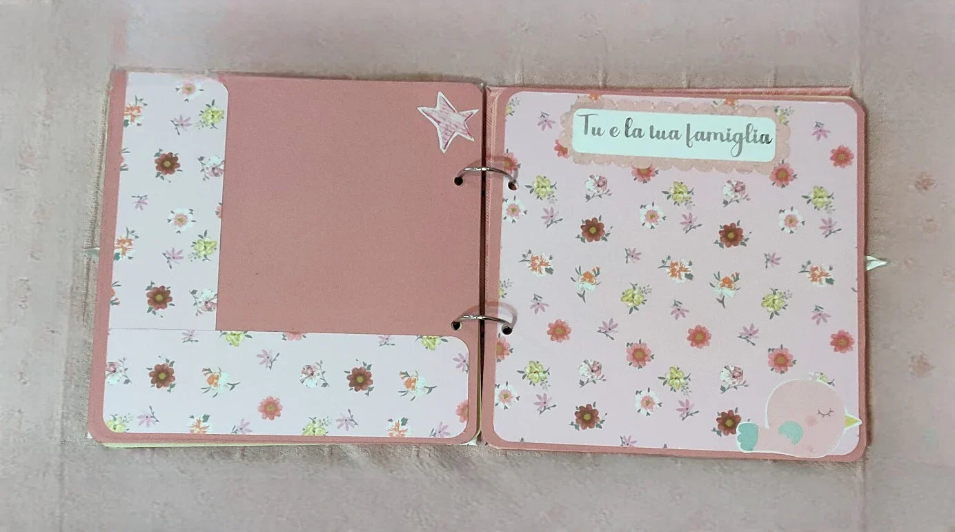 Pink floral scrapbook pages with Italian text, decorative star, and cute bird illustration