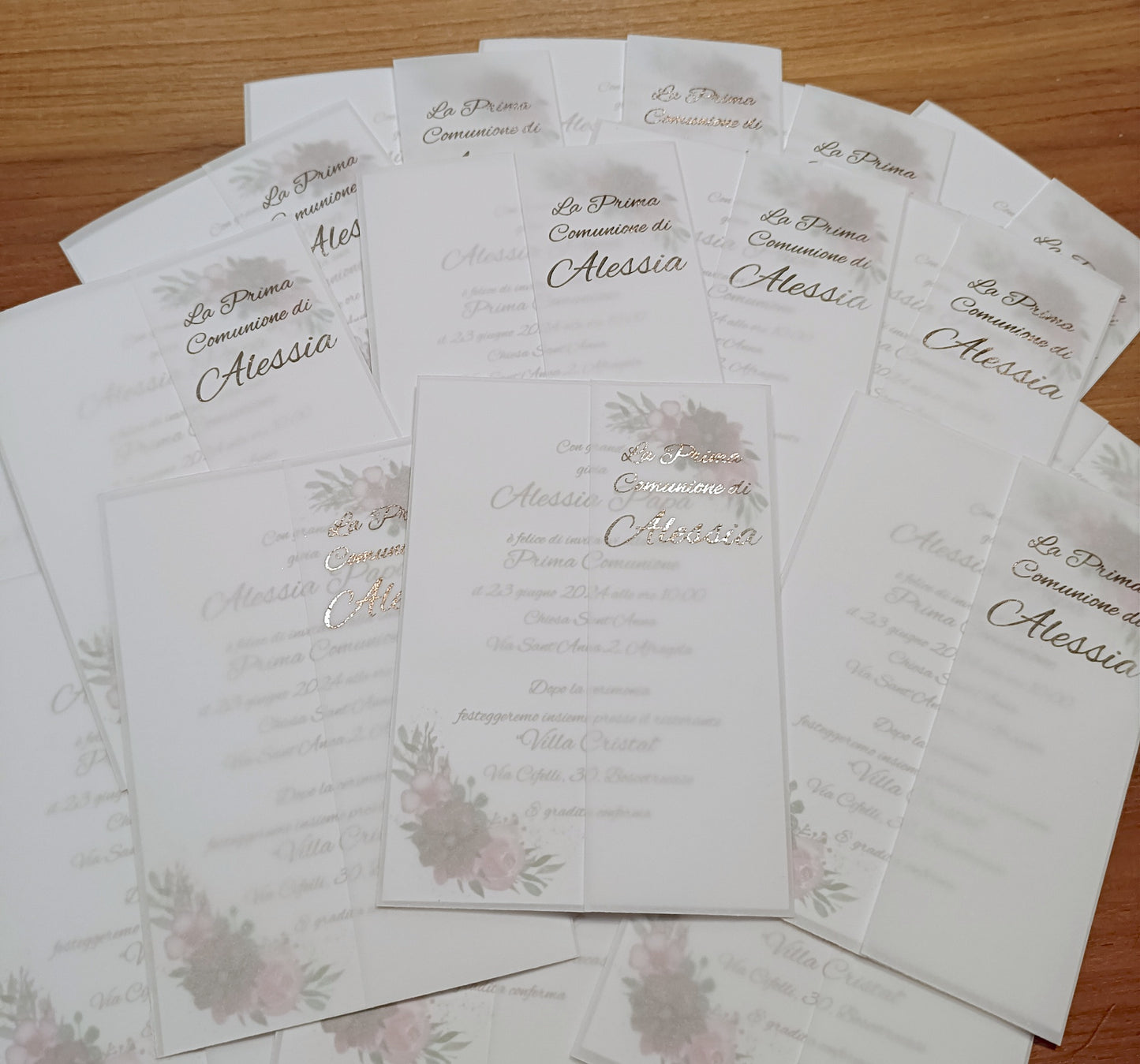 La Prima Comunione di Alessia floral invitations on wood table, elegant Italian communion cards