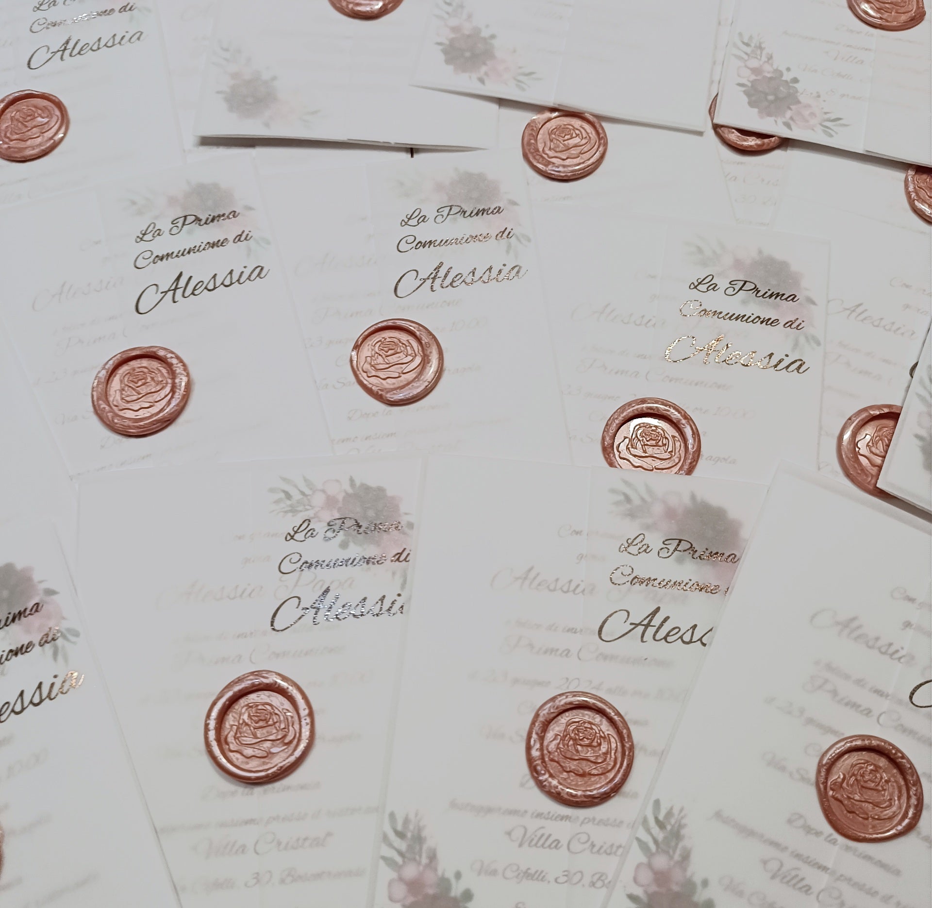 First communion invitations with pink wax seal and floral details, Italian text for Alessia