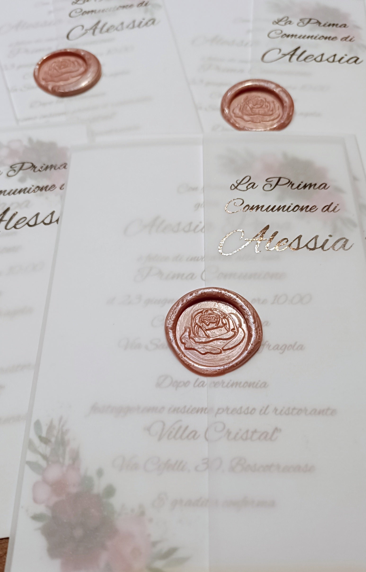 Elegant First Communion invitation cards with gold script and rose gold wax seals