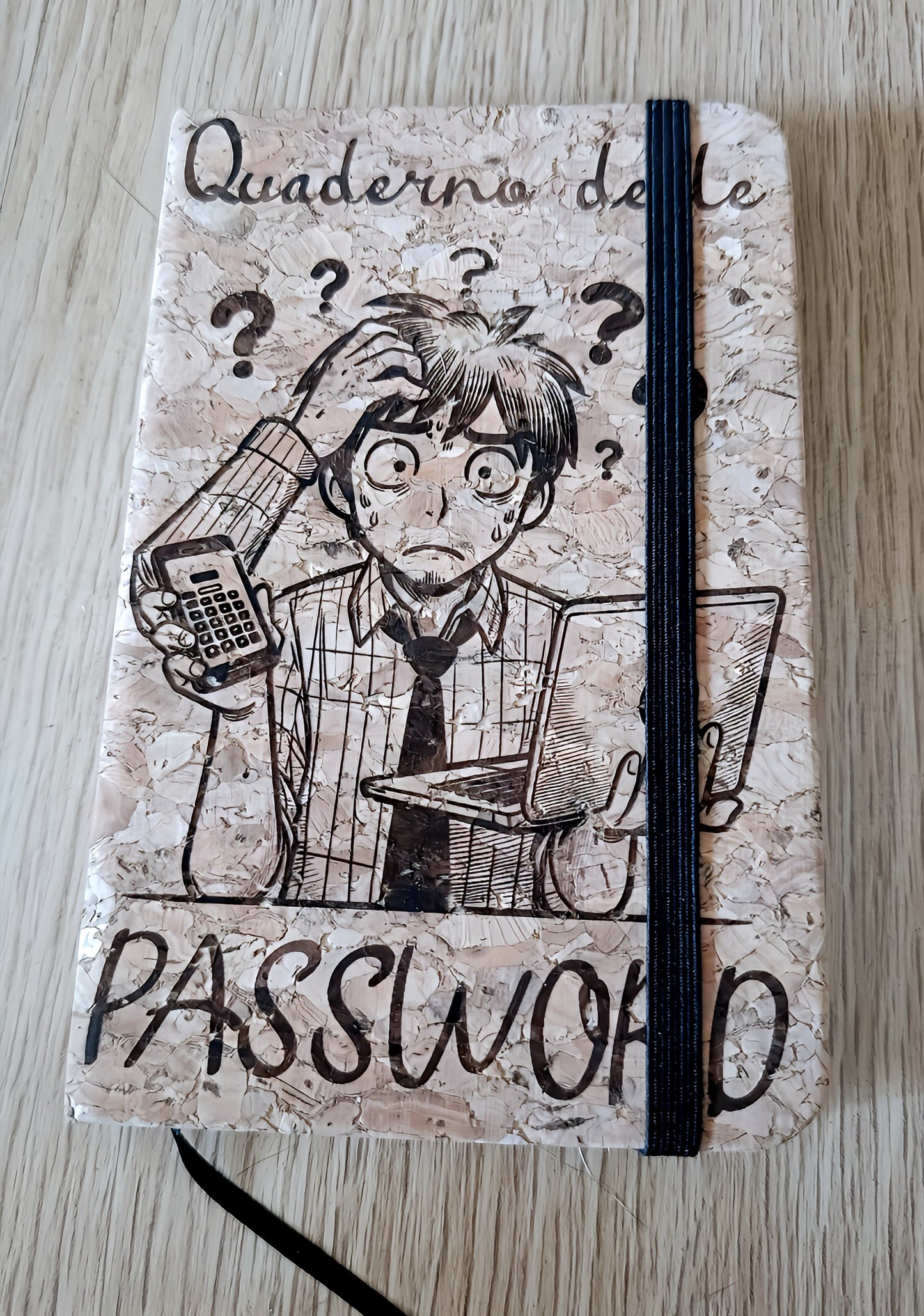 Password notebook with cartoon man, laptop, calculator, and question marks on cork cover