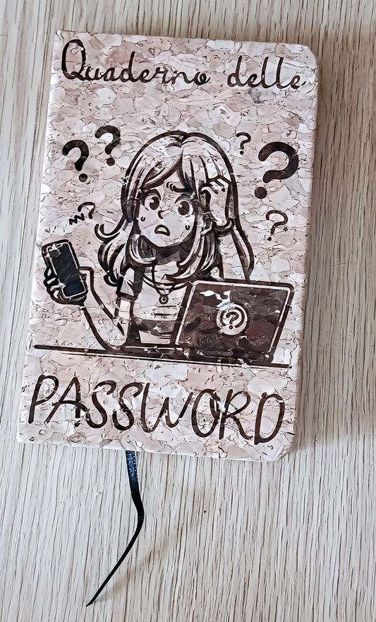 Notebook labeled 'Quaderno delle PASSWORD' with cartoon girl, phone, laptop, and question marks