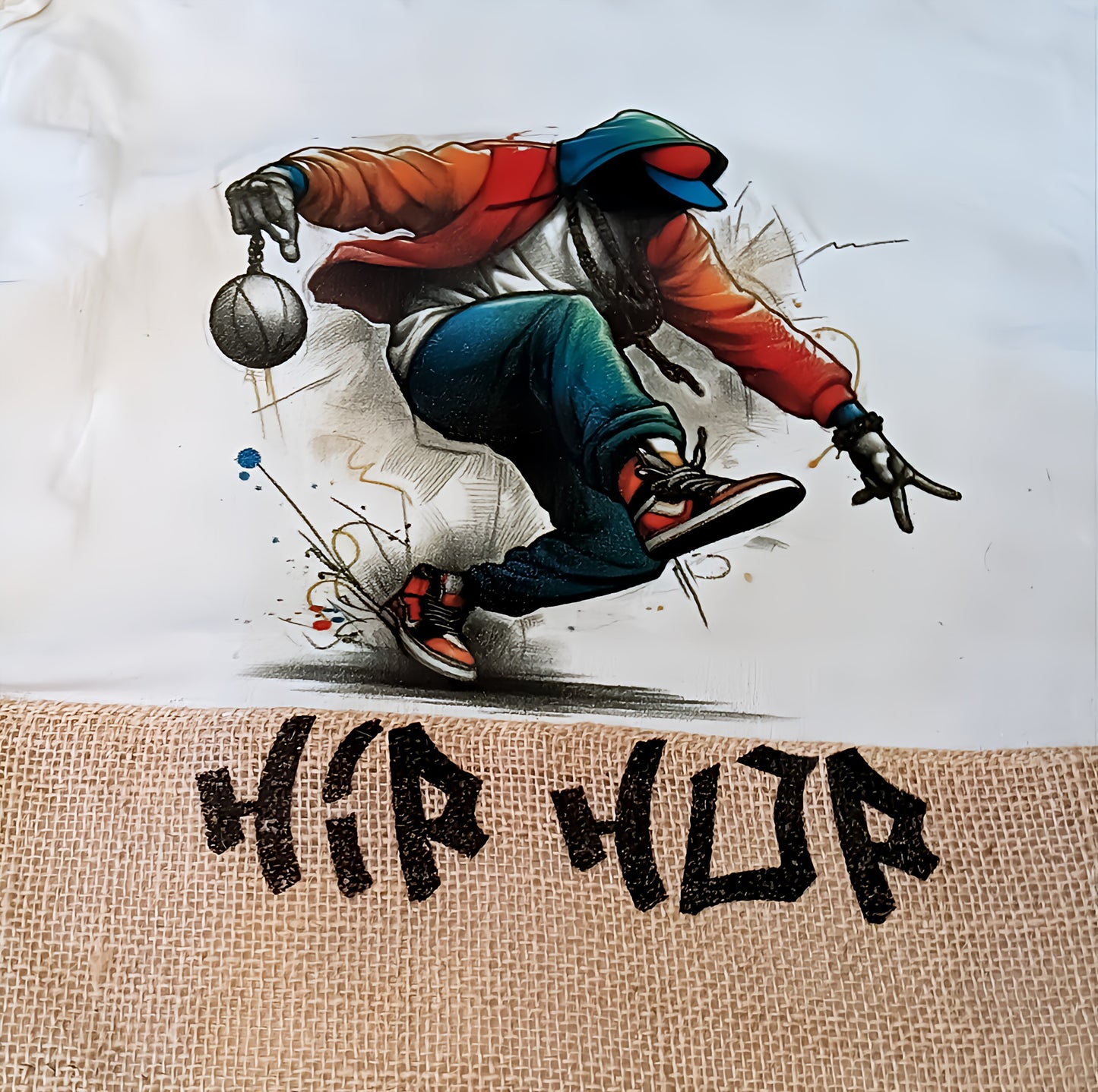 Graffiti-style hip hop dancer in hoodie and sneakers holding basketball, urban street art.