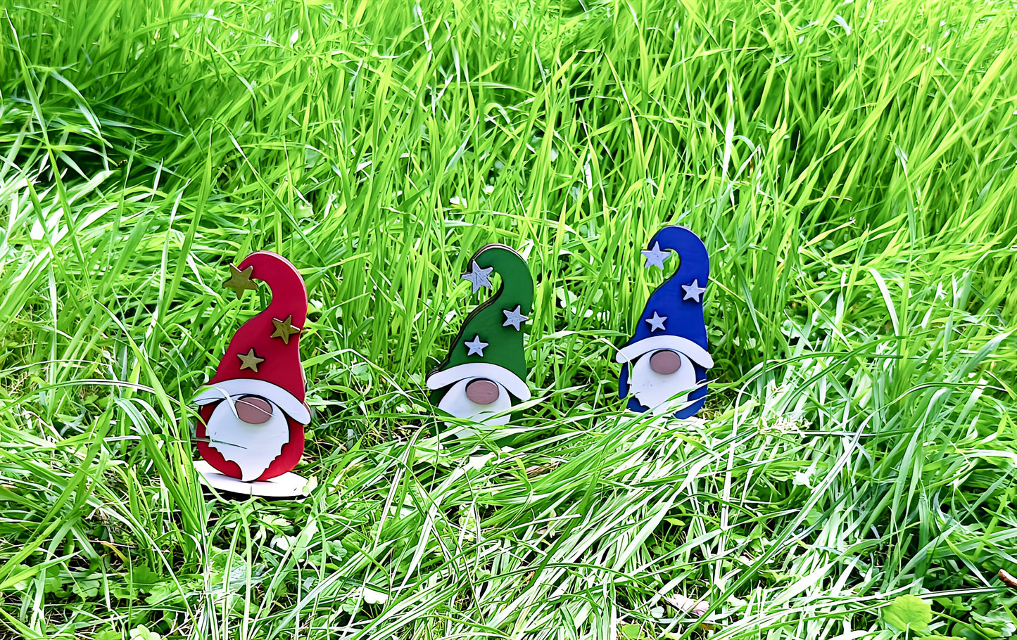 Three colorful gnome figurines with star hats in green grass outdoor garden