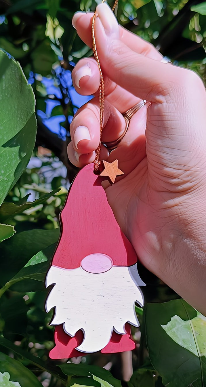Hand holding a wooden gnome ornament with a star, outdoors by green leaves
