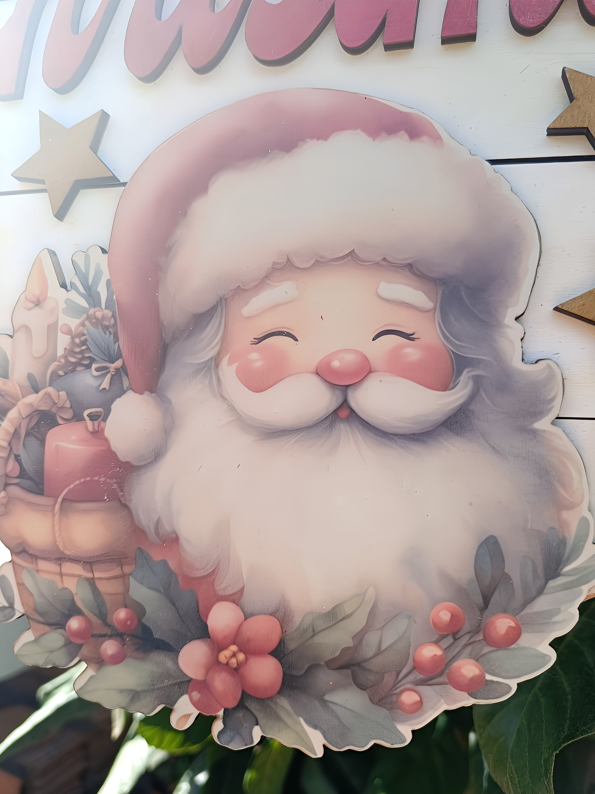 Cute Santa Claus illustration with holly, berries, candle and festive stars, Christmas sign