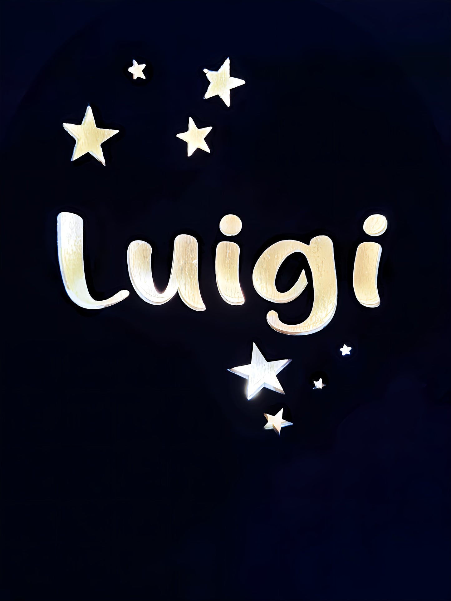 Yellow 'Luigi' text with stars on a dark blue background, night sky theme