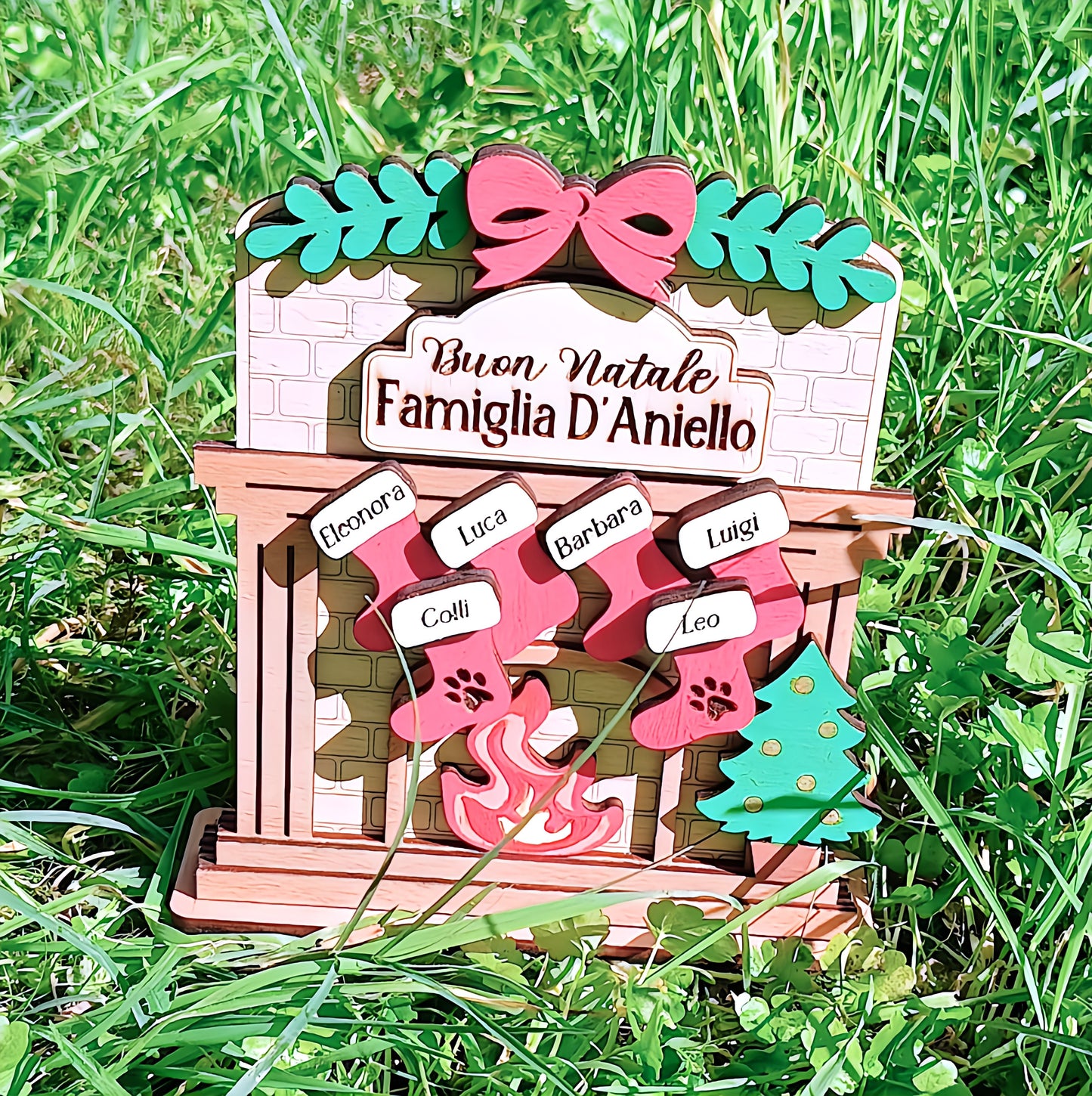 Personalized Italian Christmas fireplace ornament with stockings and names on green grass