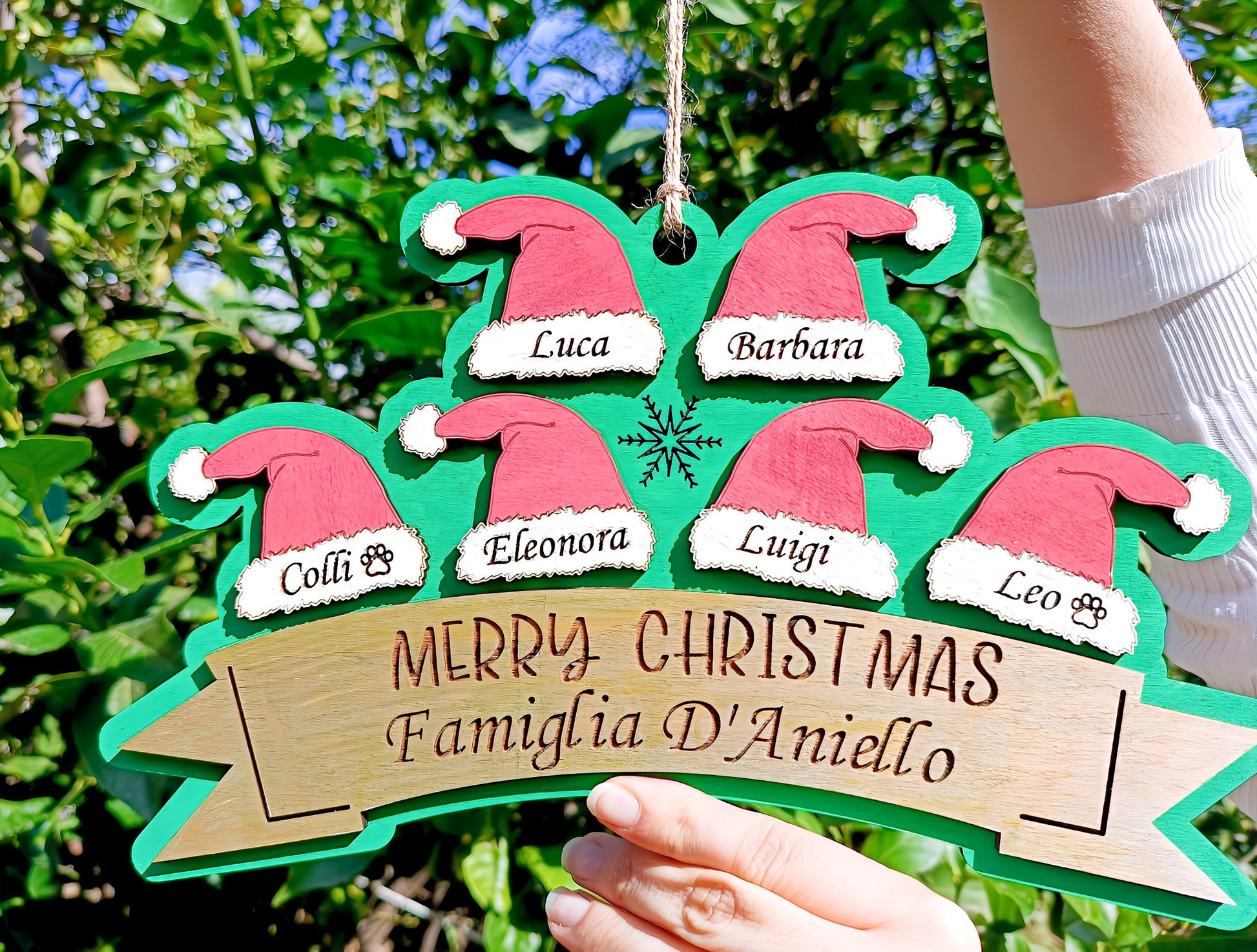 Personalized Merry Christmas wooden sign with Santa hats and family names, held outdoors
