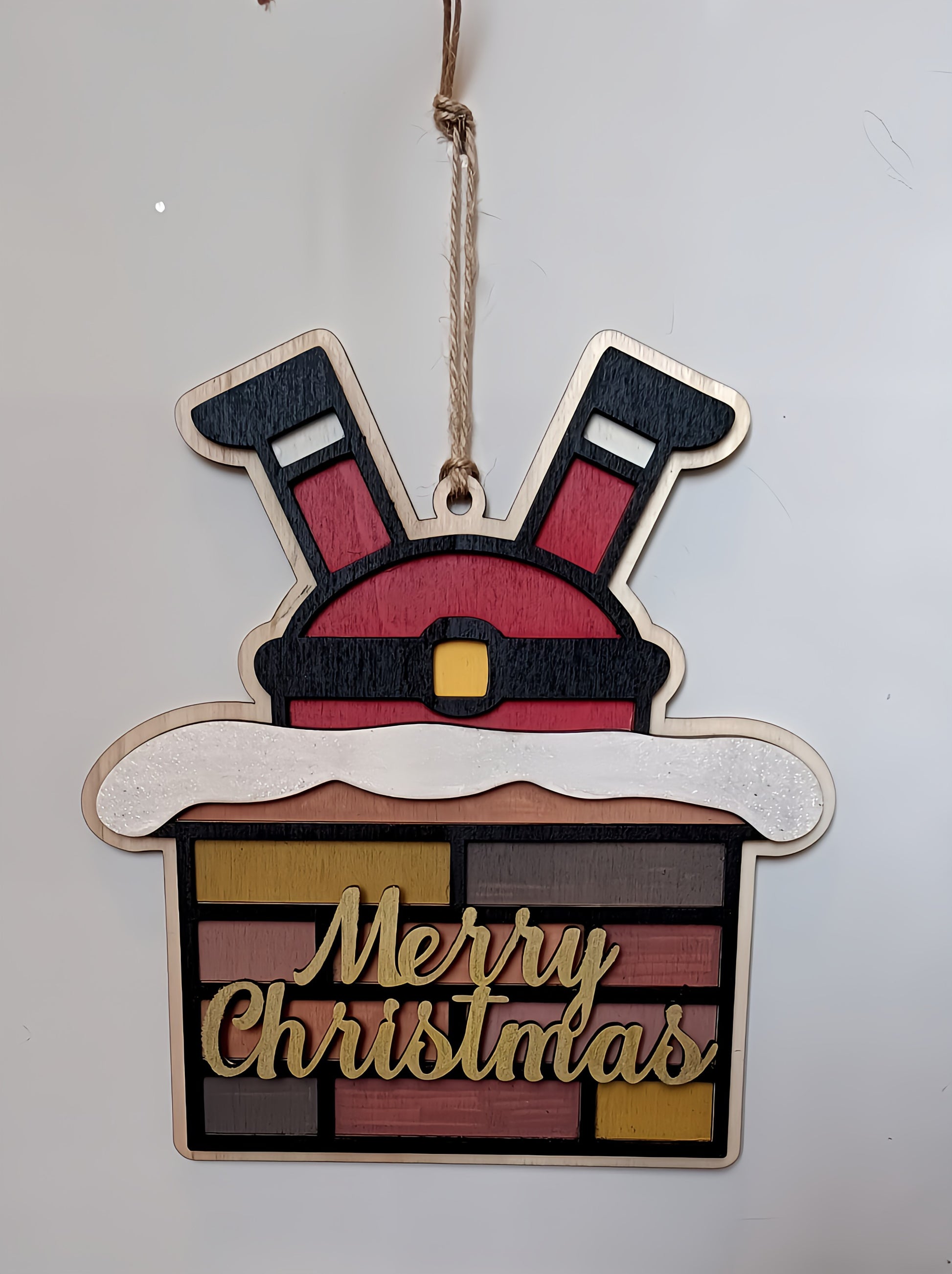 Santa legs in chimney Merry Christmas wooden ornament, festive Christmas decor