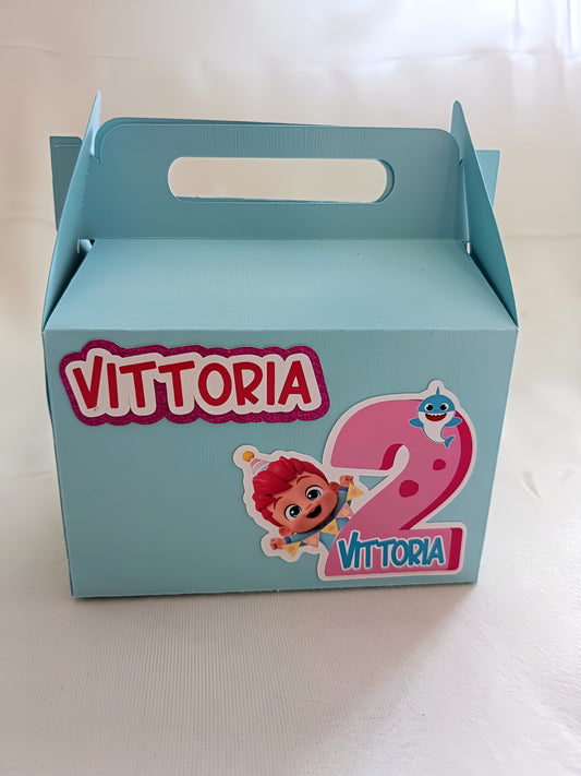 Light blue birthday favor box with cartoon baby, shark, number 2 and name Vittoria