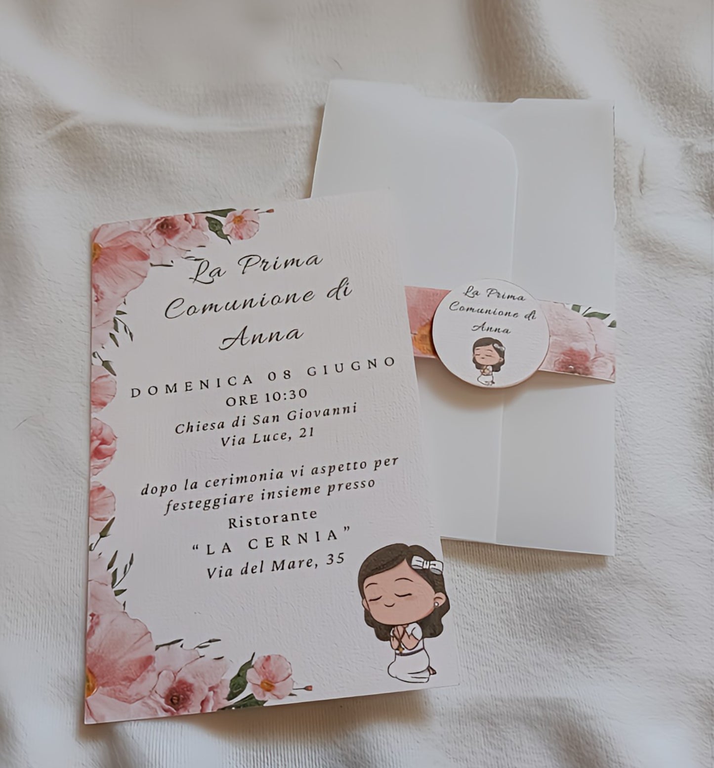 First Communion invitation card with pink floral border and cartoon girl illustration
