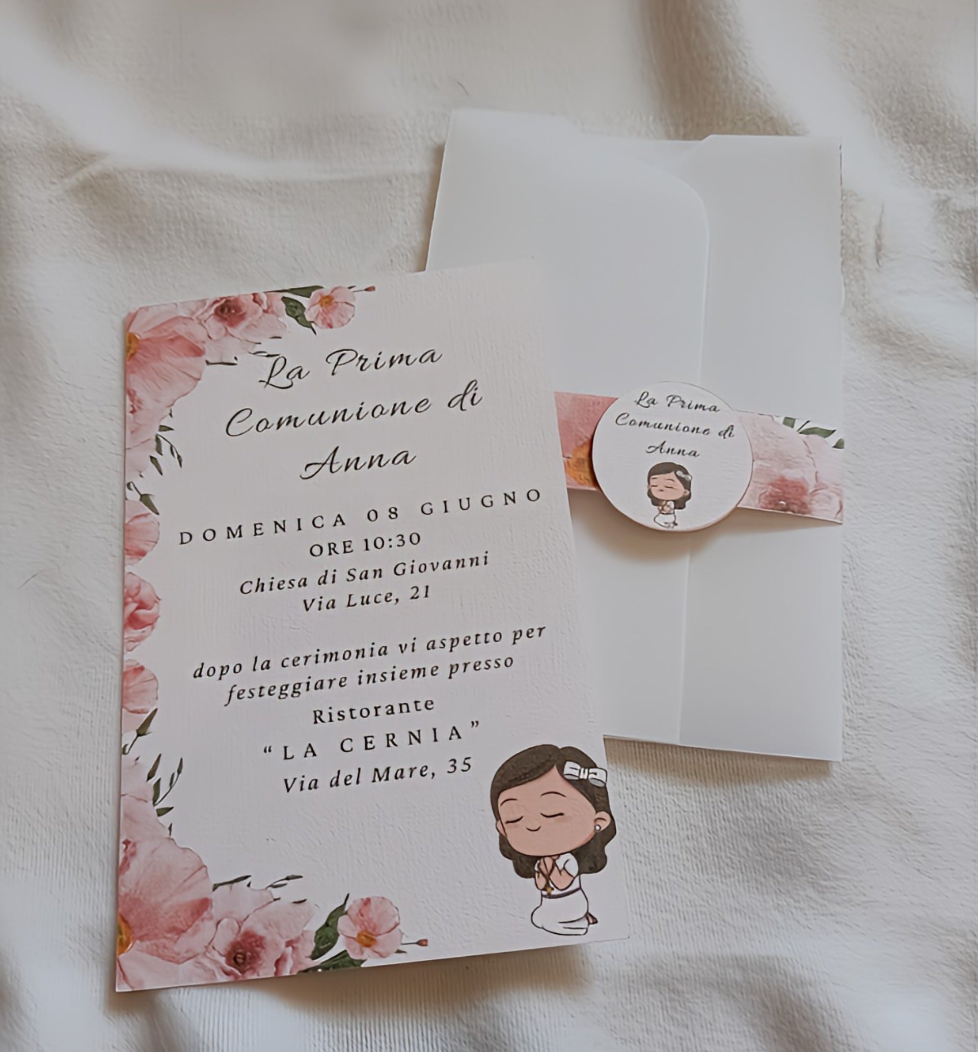 First Communion invitation card with pink floral border and cartoon girl illustration