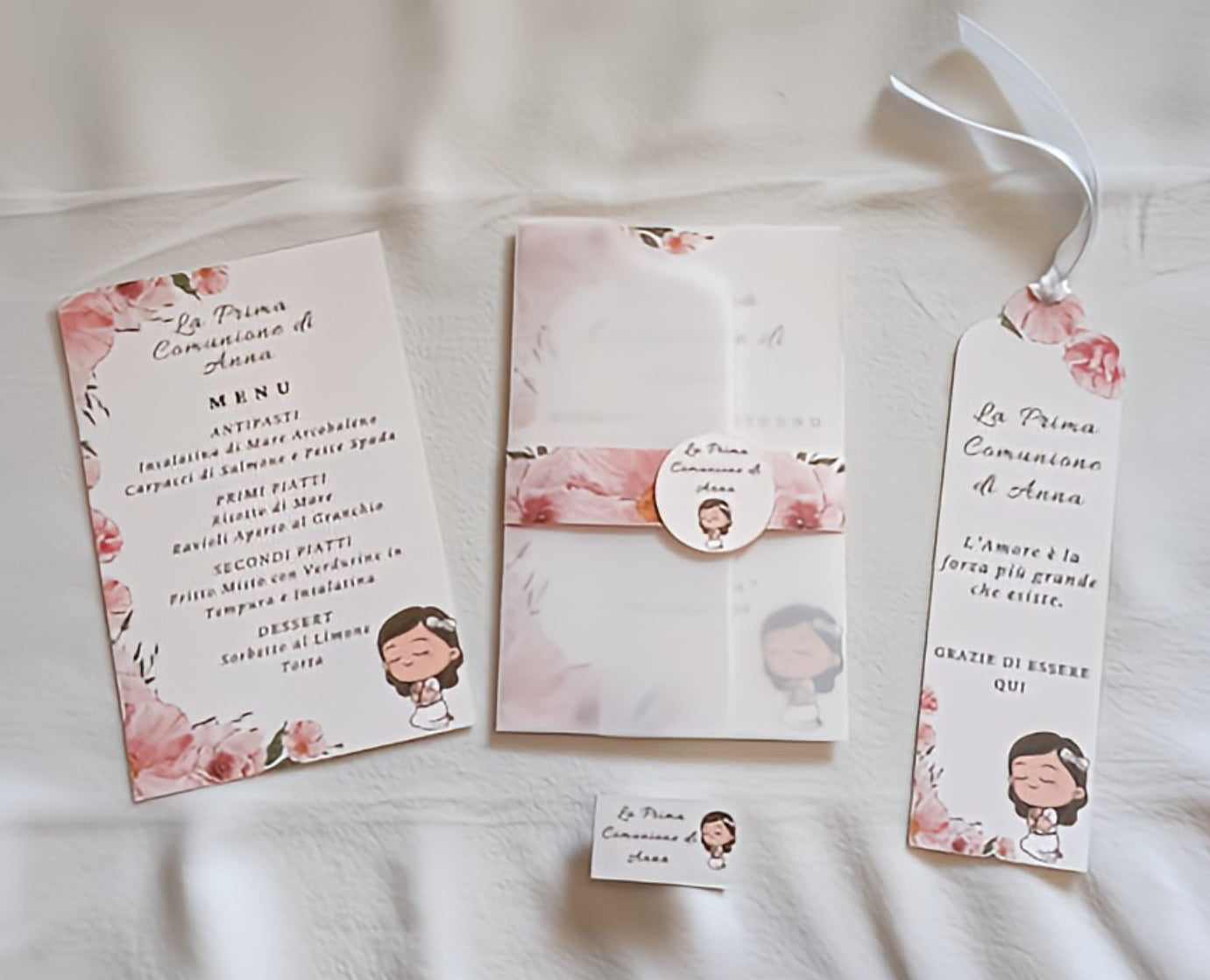 First Communion invitation set with menu, bookmark, and floral pink design for Anna