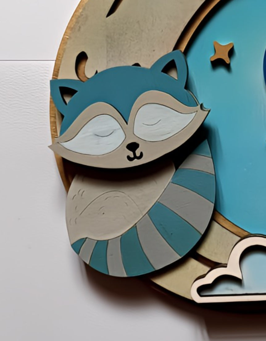 Cute blue and gray raccoon wall art with stars and clouds nursery decor