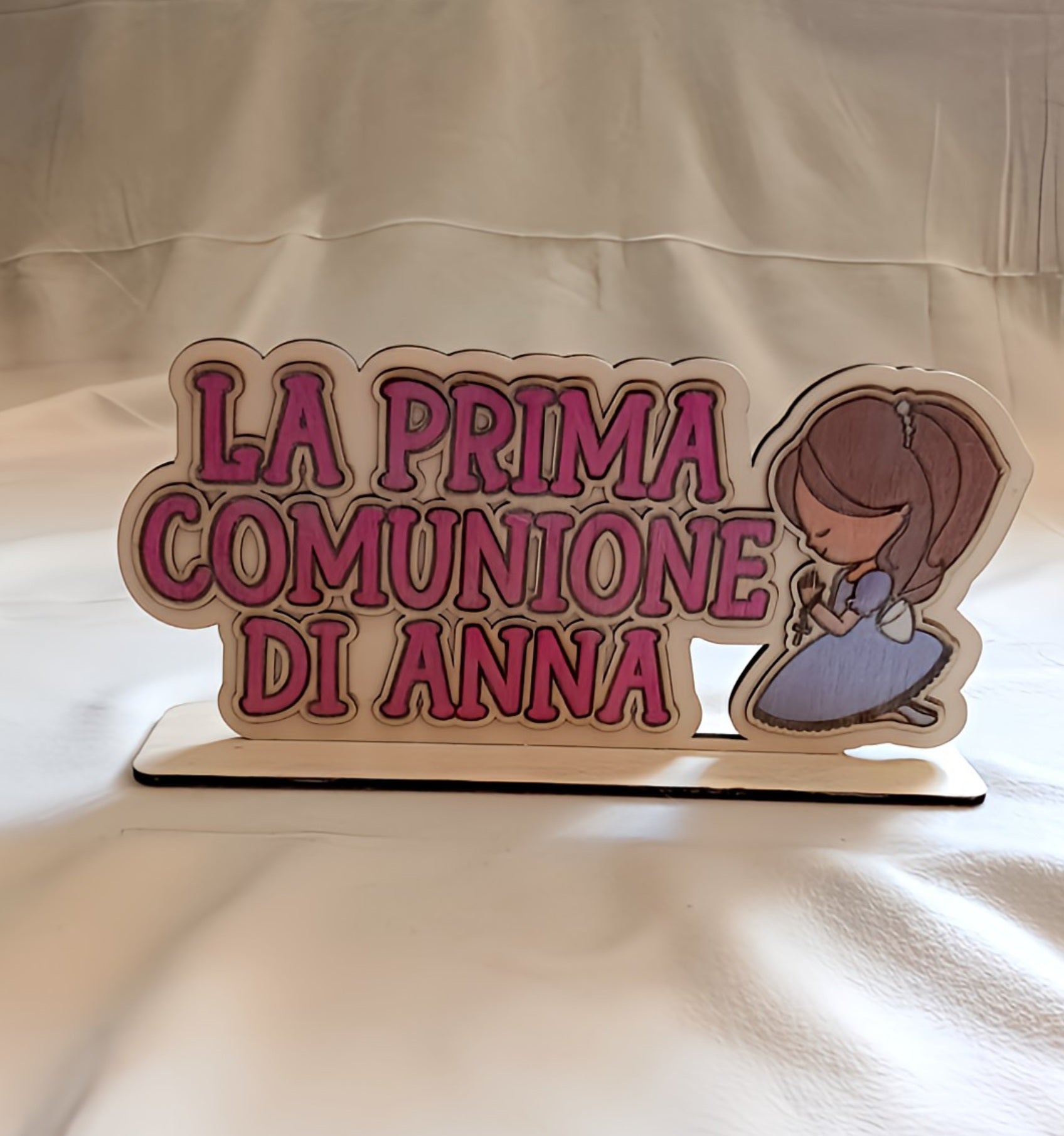 First Communion sign with Italian text and girl illustration, table decoration