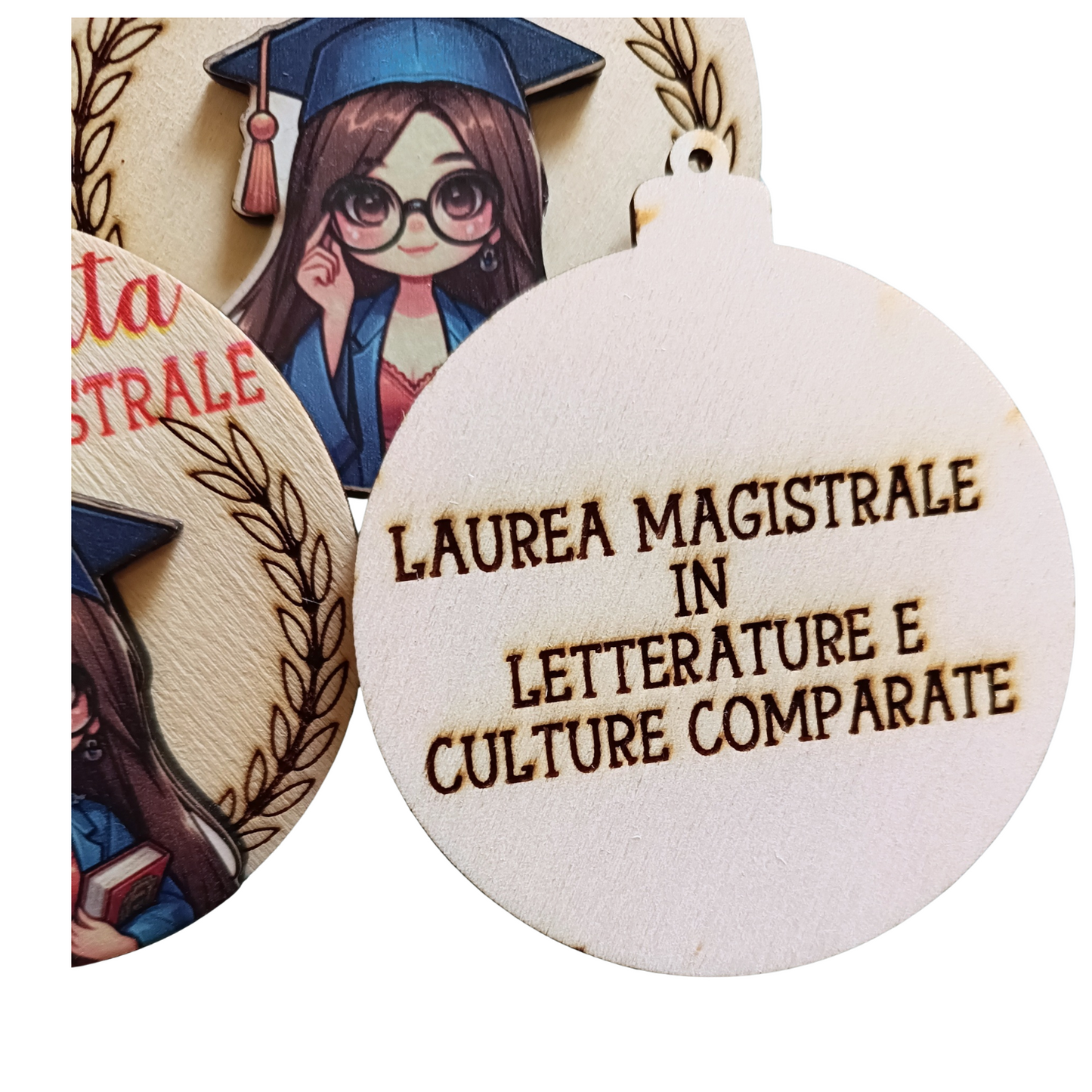 Wooden graduation ornament with cartoon graduate and Italian text Laurea Magistrale in Letterature e Culture Comparate