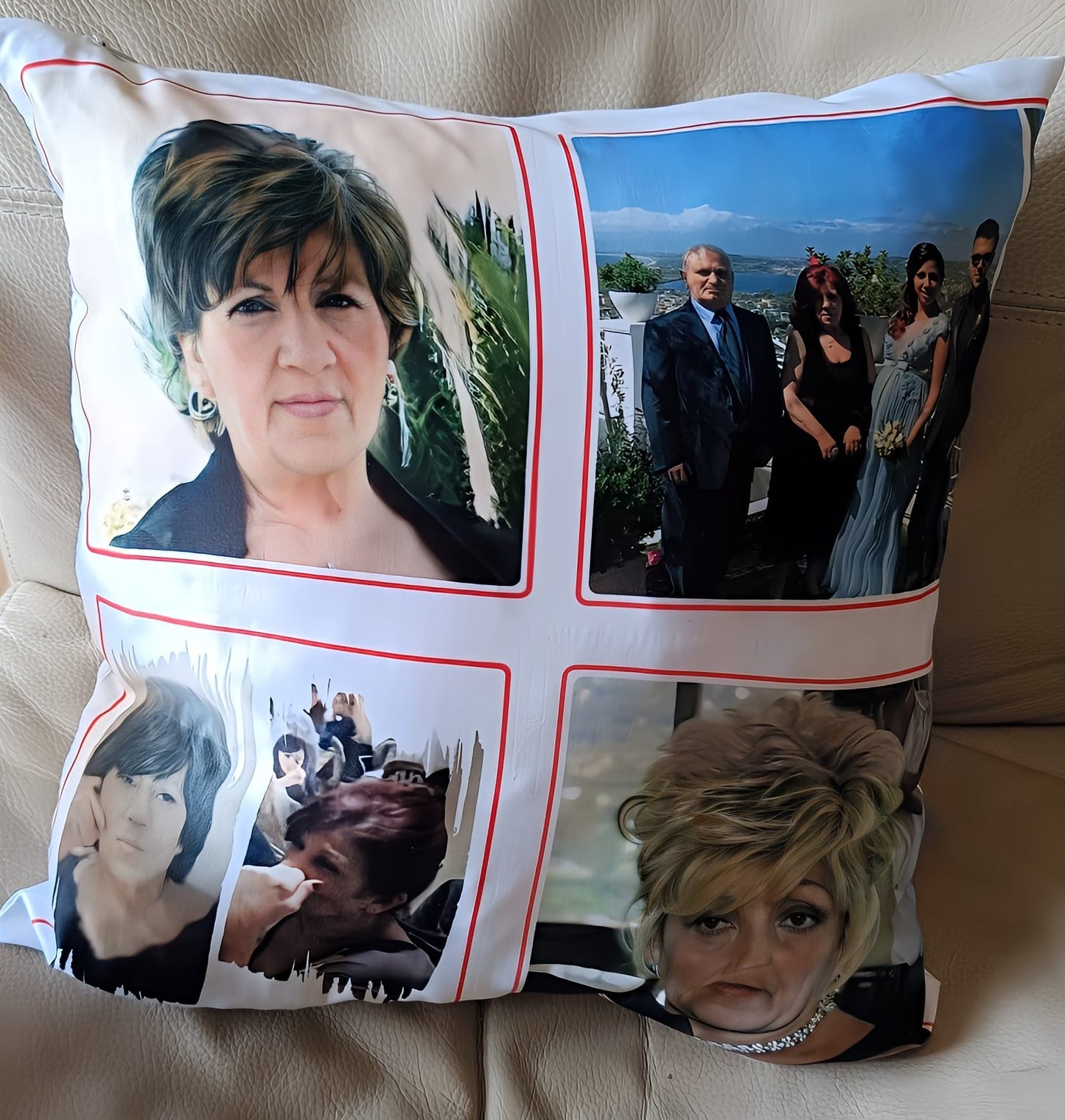Personalized photo pillow with four family portraits on a beige leather couch