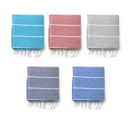 Five folded striped Turkish towels in blue, red, gray, navy, and light blue on white background