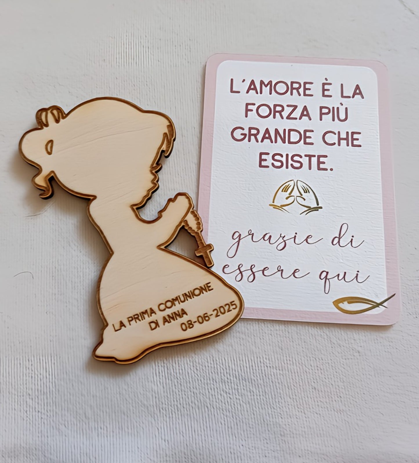 First Communion wooden girl silhouette with rosary, Italian thank you card, 2025 keepsake