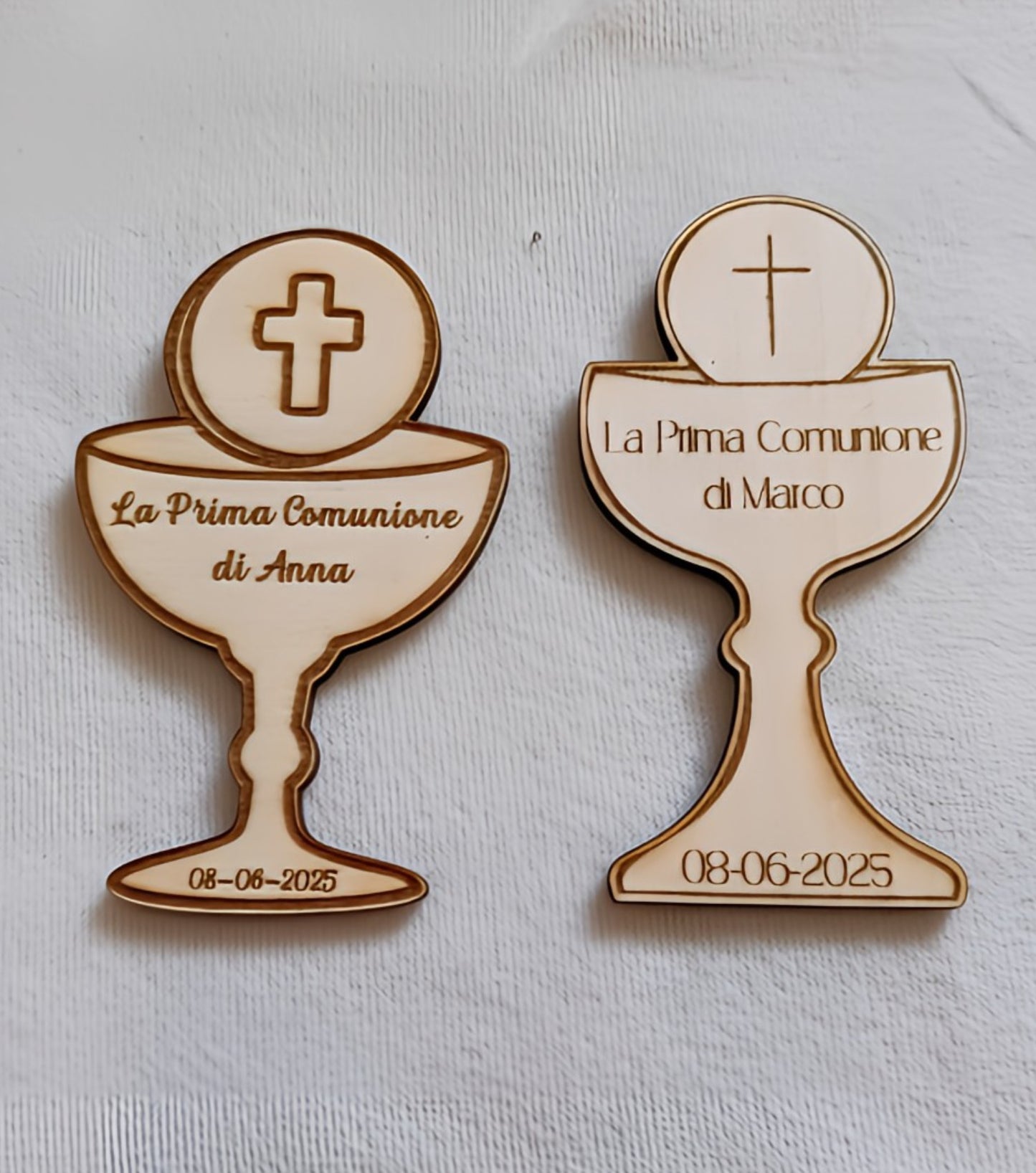 Two wooden first communion keepsakes with chalice designs, engraved text, date, and cross details