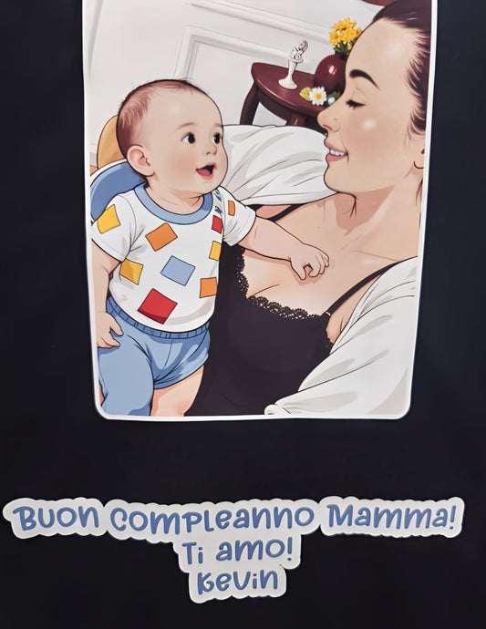 Smiling mother holding baby, birthday greeting in Italian, love message from Kevin
