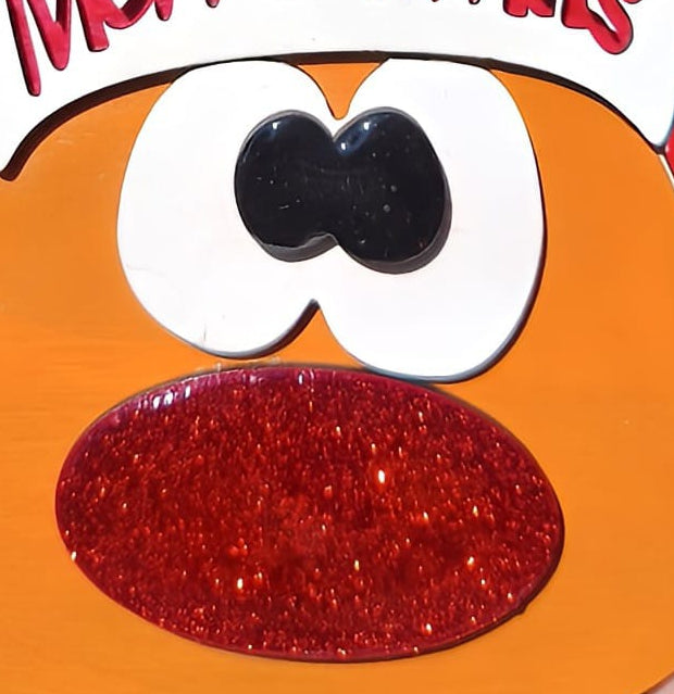 Cartoon face with large white eyes and sparkling red nose on an orange background