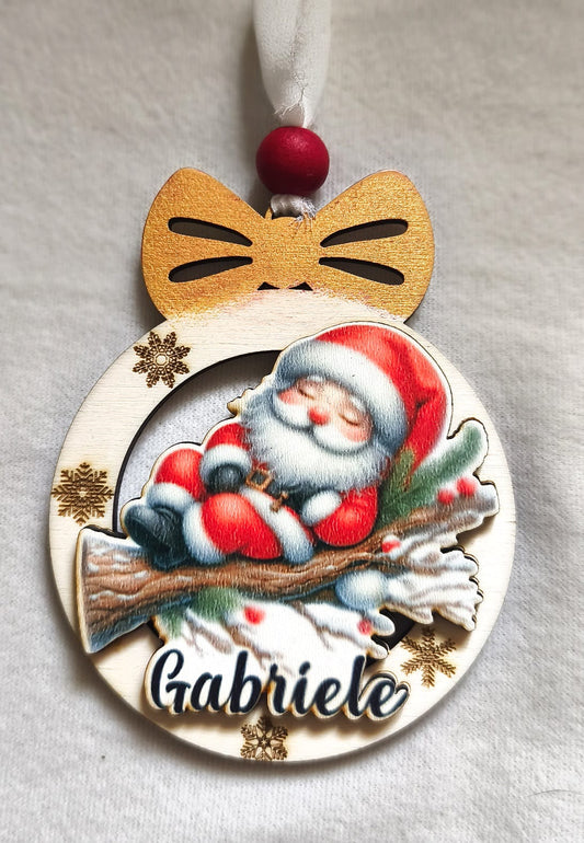 Personalized wooden Christmas ornament with Santa Claus, red bow, snowflakes, name Gabriele