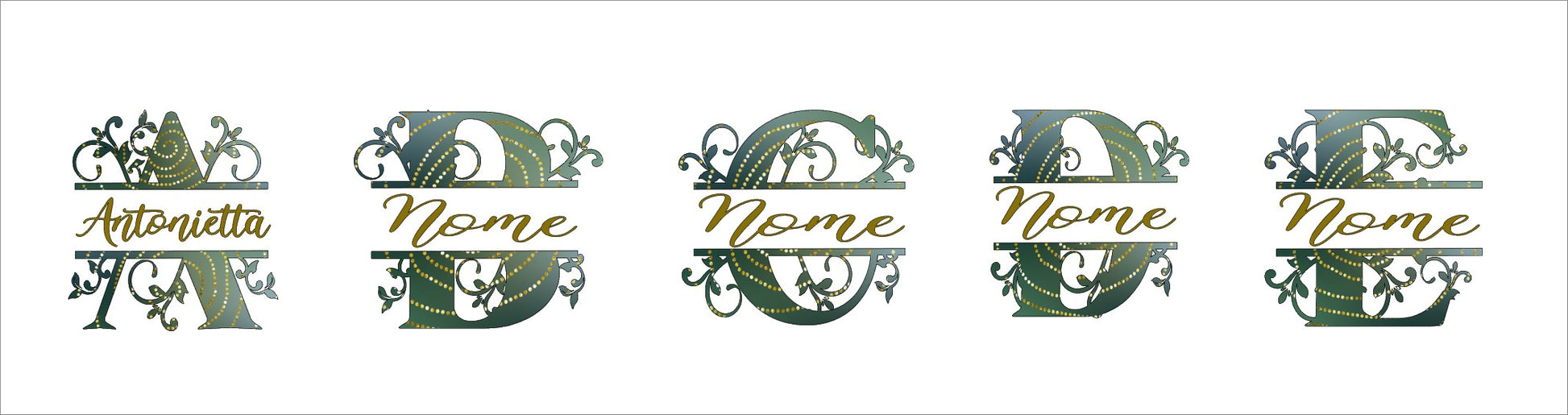 Decorative personalized monogram letters A-E with floral details and gold script names