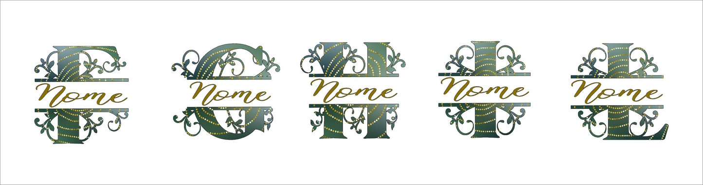 Decorative green floral monogram letters with the word Nome in gold script on white background