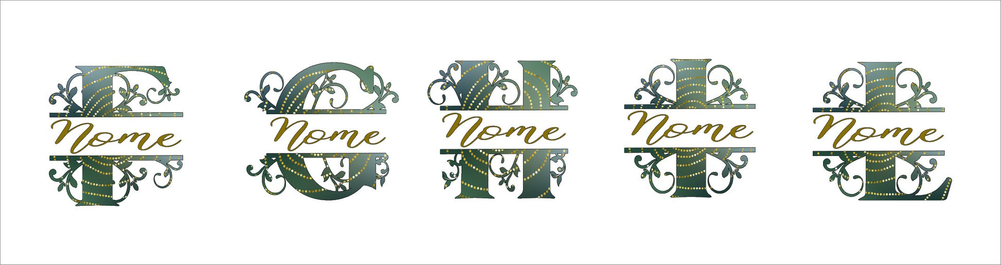 Decorative green floral monogram letters with the word Nome in gold script on white background