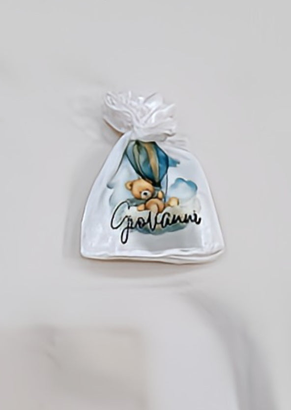 Personalized gift bag with teddy bear and hot air balloon design, name Giovanni on white satin
