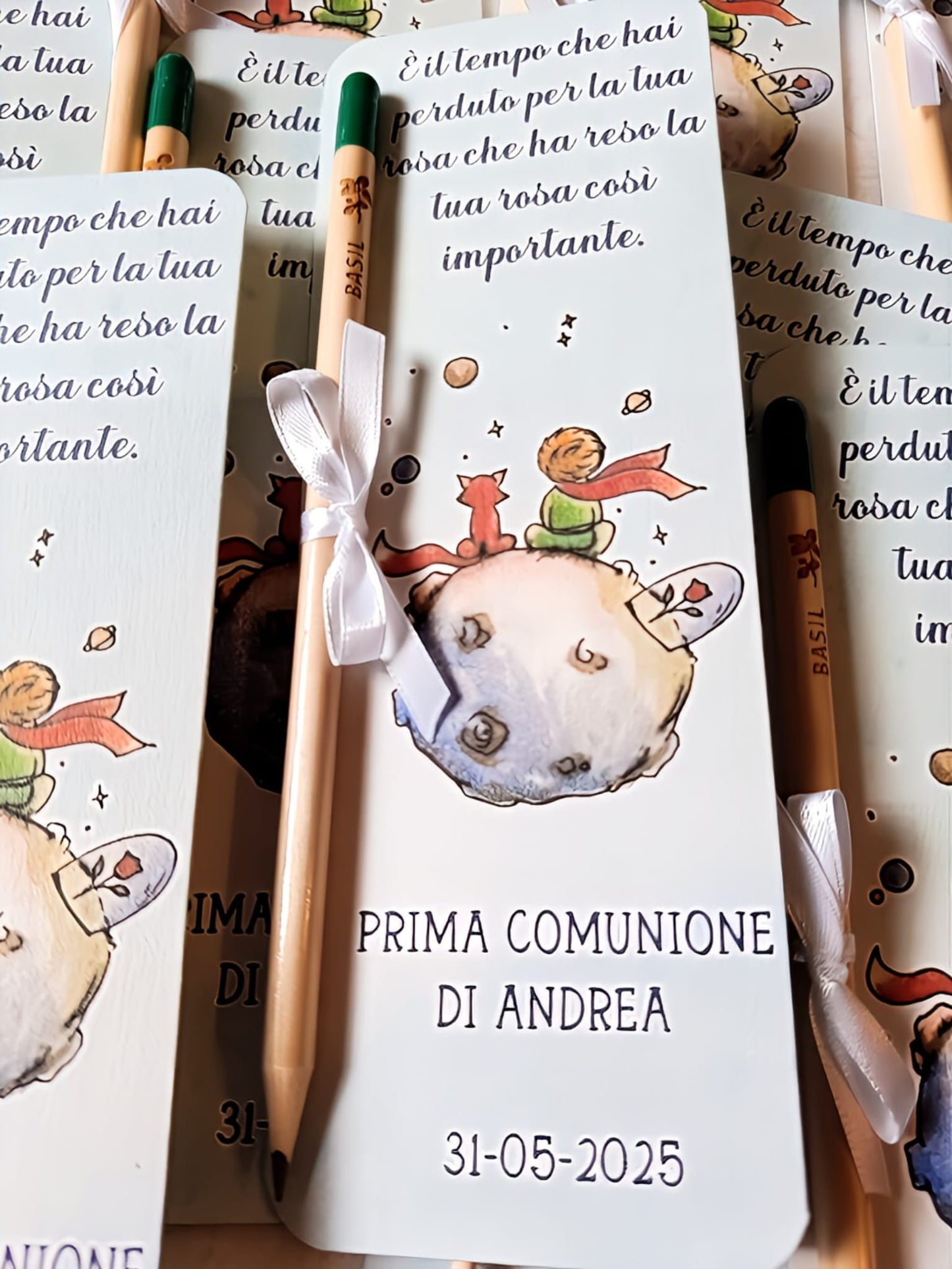 Little Prince themed bookmark with Italian text, pencil, ribbon, Prima Comunione di Andrea, 2025