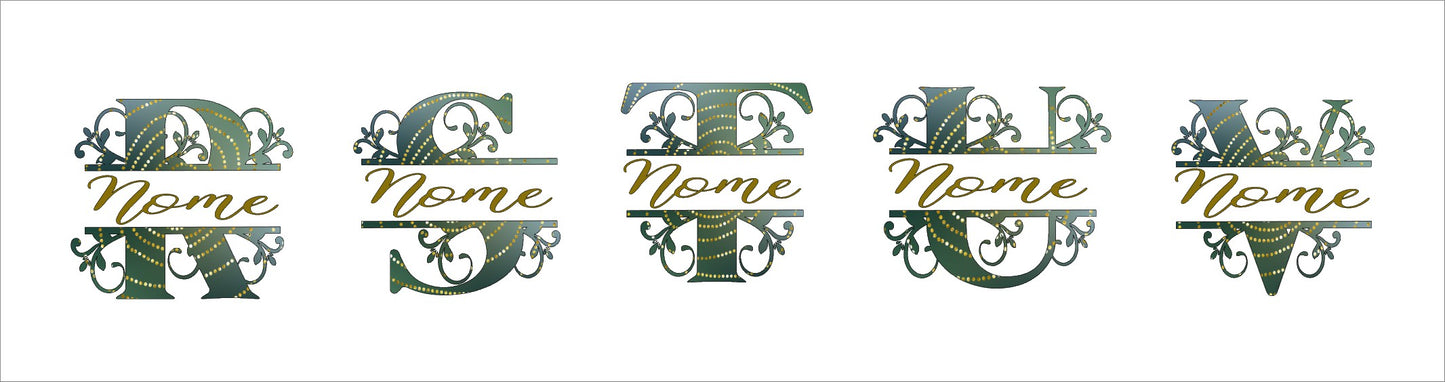 Ornate monogram letters R, S, F, J, V with gold accents and 'Nome' text on a white background